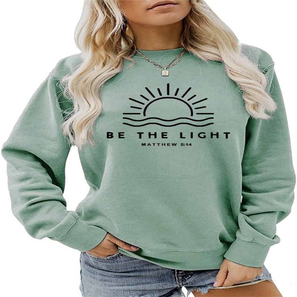 ESIKAH Women Be The Light Sweatshirt Matthew 5:14 Shirt, Bible Verse Quote Shirt Faith Pullover Tops Christian Crewneck Green