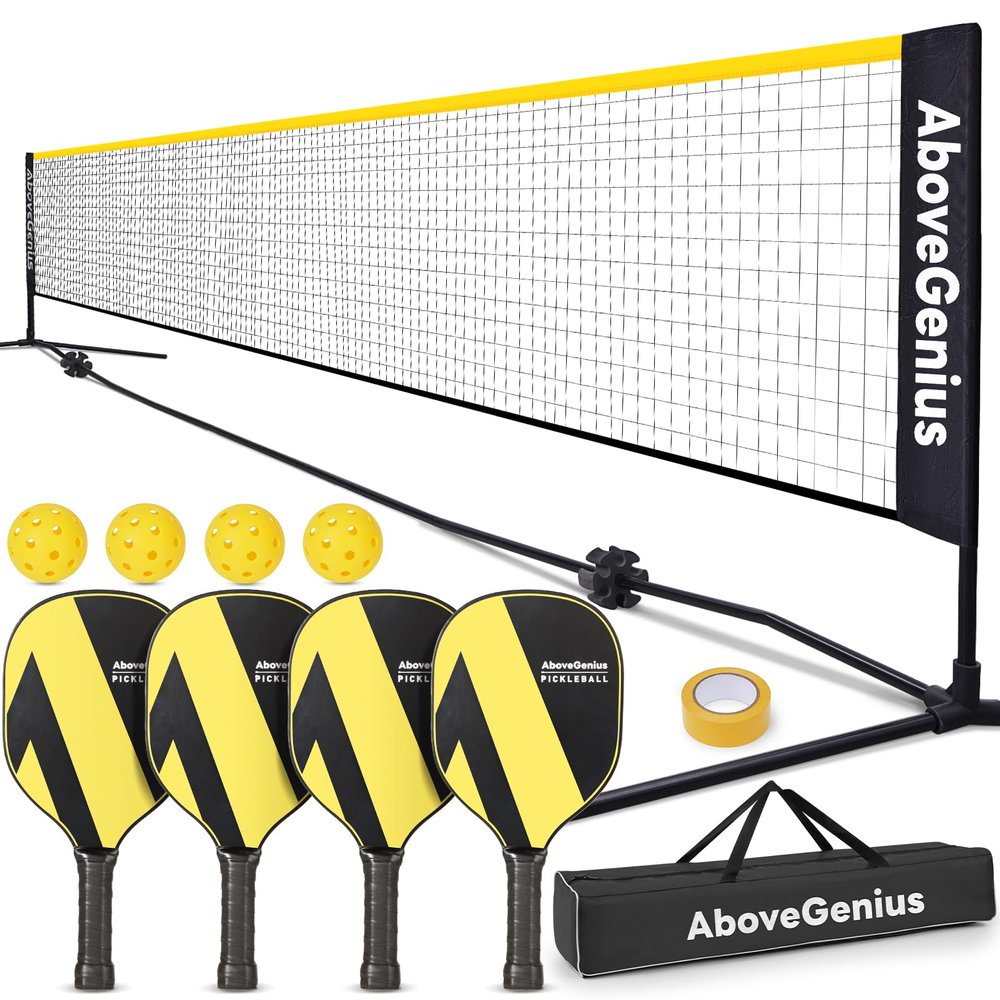 AboveGenius Pickleball Set with Net, Pickleball Paddles Set of 4, Portable Net for Driveway, Lightweight Rackets, 4 Outdoor Balls, 1 Storage Bag