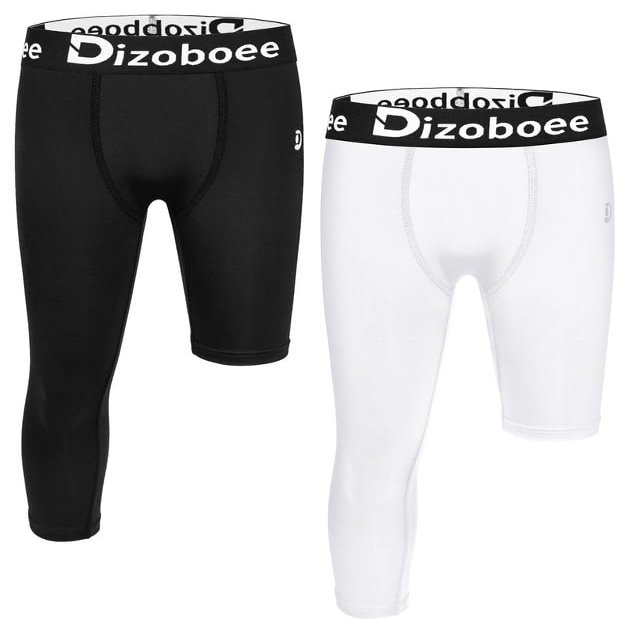Dizoboee Youth Boys Compression Pants One Leg 3/4 Athletic Leggings for Sports Kids Basketball Tights 2 Pack, Black/White (Left Short) XS