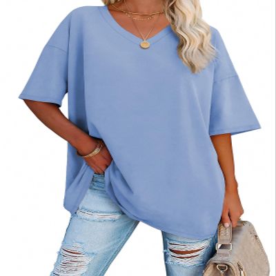 ATHMILE Womens Summer Oversized Shirts V Neck Plus Size Spring Workout Tops Beach Vacation 2026 Gym Clothes Ice Blue