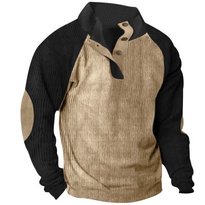 Muscularfit Sweatshirts for Men no Hood Corduroy Lapel Collar Buttons Shirts Vintage Fashion Long Sleeve Lightweight Pullover men's crewneck sweatshirt Khaki 2X