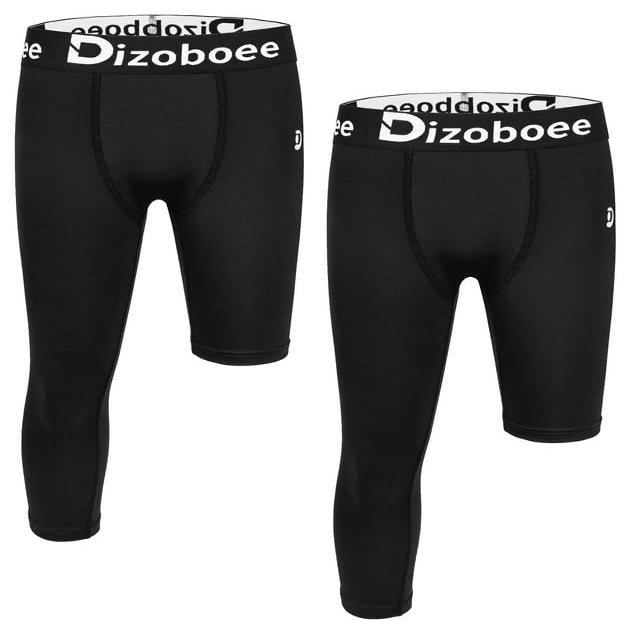 Dizoboee Youth Boys Compression Pants One Leg 3/4 Athletic Leggings for Sports Kids Basketball Tights 2 Pack, Black/Black (Left Short) XL