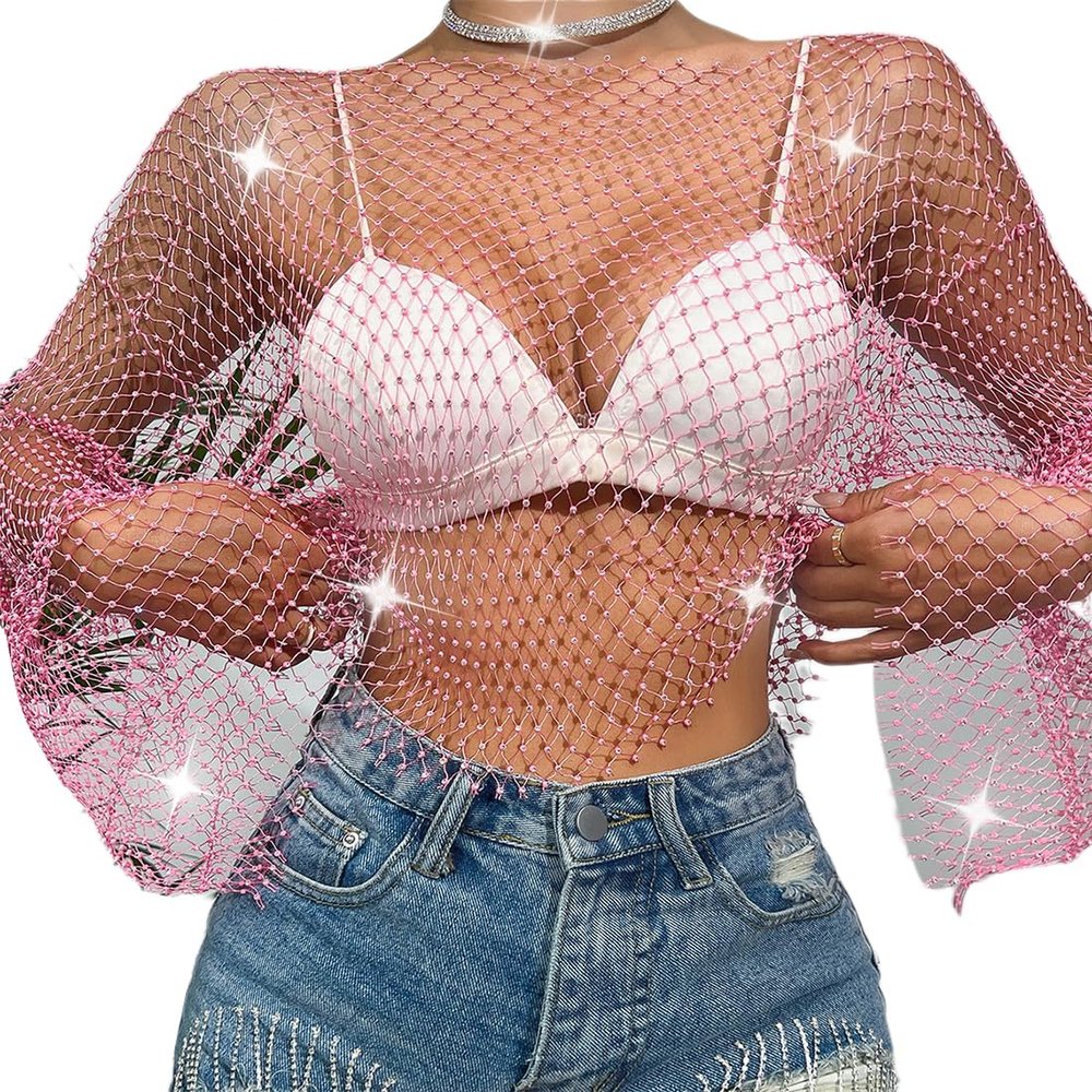 ABAFIP Women's Sparkly Rhinestone Crop Top Long Sleeve Mesh Bikini Cover up Summer Beach Holiday Fishnet Shirts Festival Rave Tops Pink X-Small