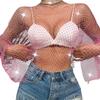 ABAFIP Women's Sparkly Rhinestone Crop Top Long Sleeve Mesh Bikini Cover up Summer Beach Holiday Fishnet Shirts Festival Rave Tops Pink X-Small view 1