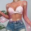 ABAFIP Women's Sparkly Rhinestone Crop Top Long Sleeve Mesh Bikini Cover up Summer Beach Holiday Fishnet Shirts Festival Rave Tops Pink X-Small view 2