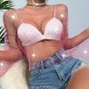 ABAFIP Women's Sparkly Rhinestone Crop Top Long Sleeve Mesh Bikini Cover up Summer Beach Holiday Fishnet Shirts Festival Rave Tops Pink X-Small view 3