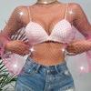 ABAFIP Women's Sparkly Rhinestone Crop Top Long Sleeve Mesh Bikini Cover up Summer Beach Holiday Fishnet Shirts Festival Rave Tops Pink X-Small view 4