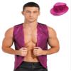 Aislor Men's Jazz Dance Costume Glittery Sequined Vest Button Sleeveless Waistcoat with Sparkling Sequin Hat Hot Pink XX-Large view 1