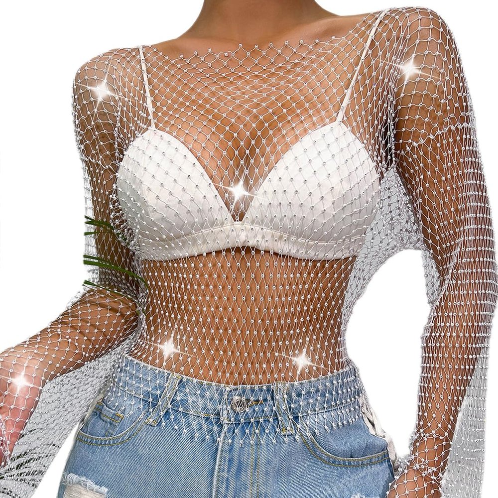 ABAFIP Women's Sparkly Rhinestone Crop Top Long Sleeve Mesh Bikini Cover up Summer Beach Holiday Fishnet Shirts Festival Rave Tops White Medium