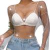 ABAFIP Women's Sparkly Rhinestone Crop Top Long Sleeve Mesh Bikini Cover up Summer Beach Holiday Fishnet Shirts Festival Rave Tops White Medium view 1