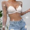 ABAFIP Women's Sparkly Rhinestone Crop Top Long Sleeve Mesh Bikini Cover up Summer Beach Holiday Fishnet Shirts Festival Rave Tops White Medium view 2