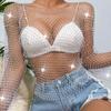 ABAFIP Women's Sparkly Rhinestone Crop Top Long Sleeve Mesh Bikini Cover up Summer Beach Holiday Fishnet Shirts Festival Rave Tops White Medium view 3