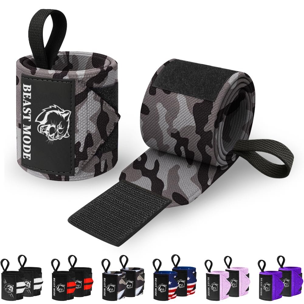 TECEUM Weightlifting Wrist Wraps with Thumb Loop Black Camo Beast Mode 18 inch Heavy-Duty Workout Wrist Support & Protection Ideal for Powerlifting, Strength Training, Bodybuilding