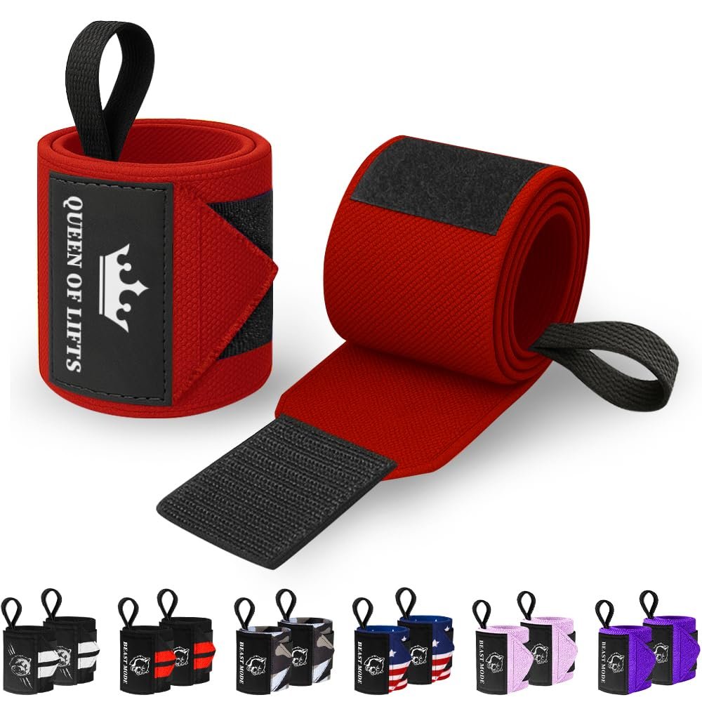 TECEUM Weightlifting Wrist Wraps with Thumb Loop Red Queen of Lifts 12 inch Heavy-Duty Workout Wrist Support & Protection Ideal for Powerlifting, Strength Training, Bodybuilding