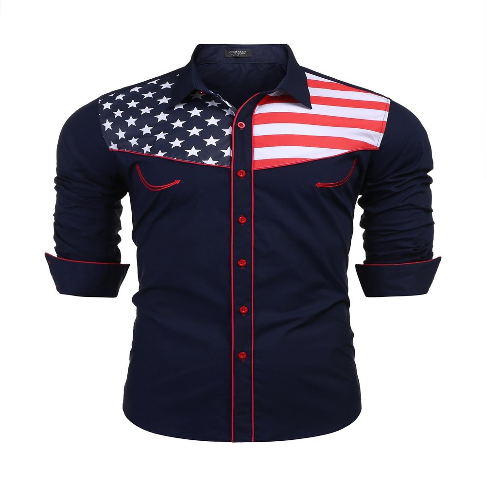 COOFANDY Country Western Shirts for Men American Flag Apparel Long Sleeve Cowboy Button Down Patriotic USA Navy Blue
