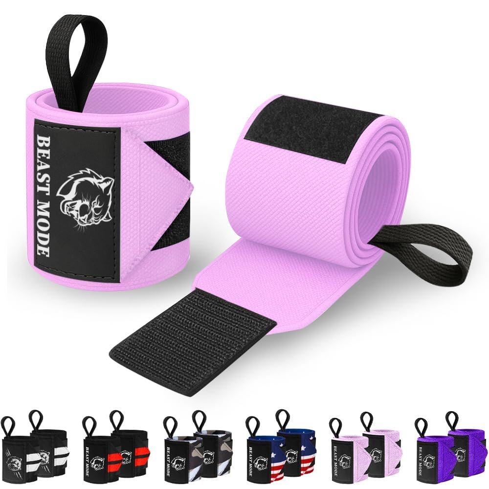TECEUM Weightlifting Wrist Wraps with Thumb Loop Pink Beast Mode 18 inch Heavy-Duty Workout Wrist Support & Protection Ideal for Powerlifting, Strength Training, Bodybuilding