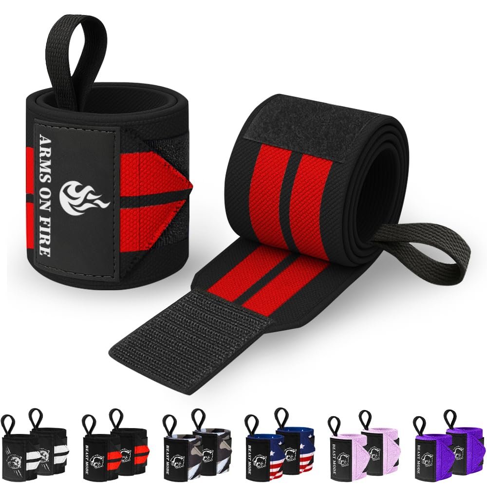 TECEUM Weightlifting Wrist Wraps with Thumb Loop Black and Red Arms on Fire 12 inch Heavy-Duty Workout Wrist Support & Protection Ideal for Powerlifting, Strength Training, Bodybuilding