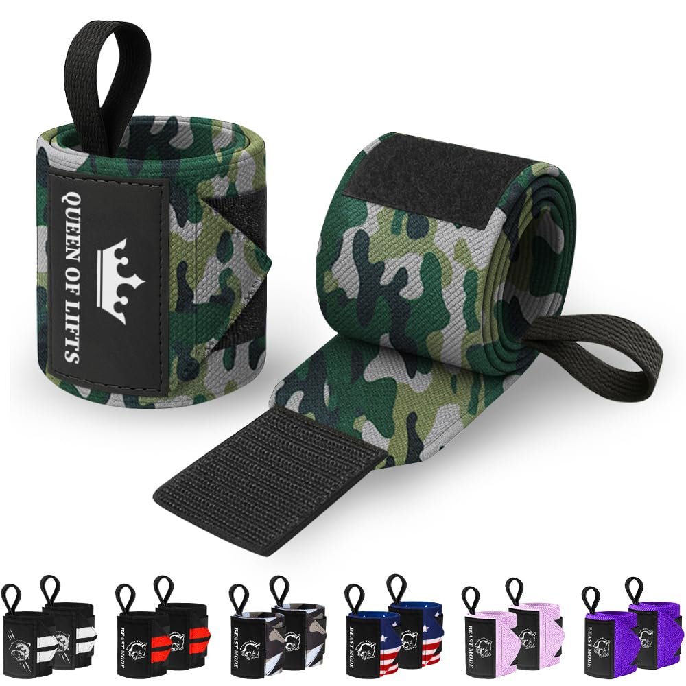 TECEUM Weightlifting Wrist Wraps with Thumb Loop  Camo  Queen of Lifts  18 inch  Heavy-Duty Workout Wrist Support & Protection  Ideal for Powerlifting, Strength Training, Bodybuilding