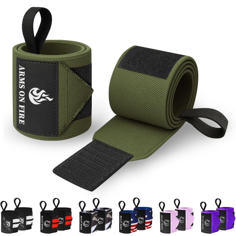 TECEUM Weightlifting Wrist Wraps with Thumb Loop Military Green Arms on Fire 18 inch Heavy-Duty Workout Wrist Support & Protection Ideal for Powerlifting, Strength Training, Bodybuilding