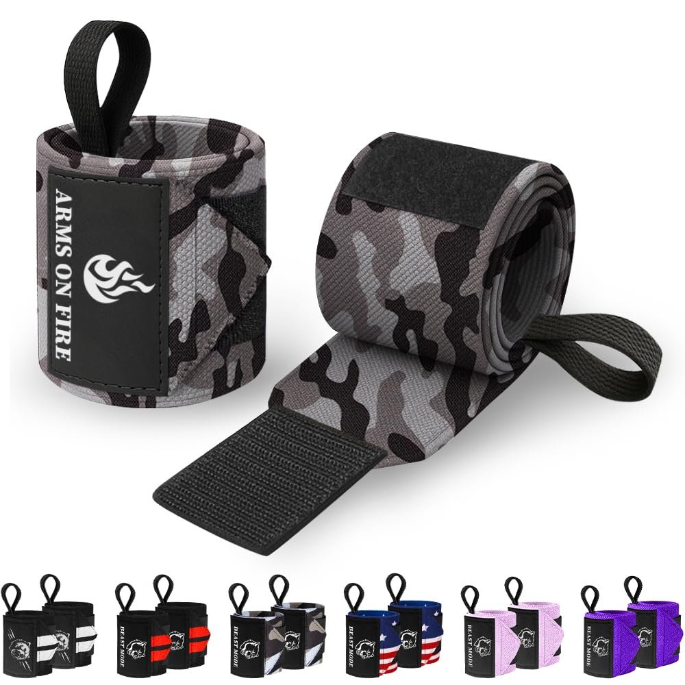 TECEUM Weightlifting Wrist Wraps with Thumb Loop  Black Camo  Arms on Fire  12 inch  Heavy-Duty Workout Wrist Support & Protection  Ideal for Powerlifting, Strength Training, Bodybuilding