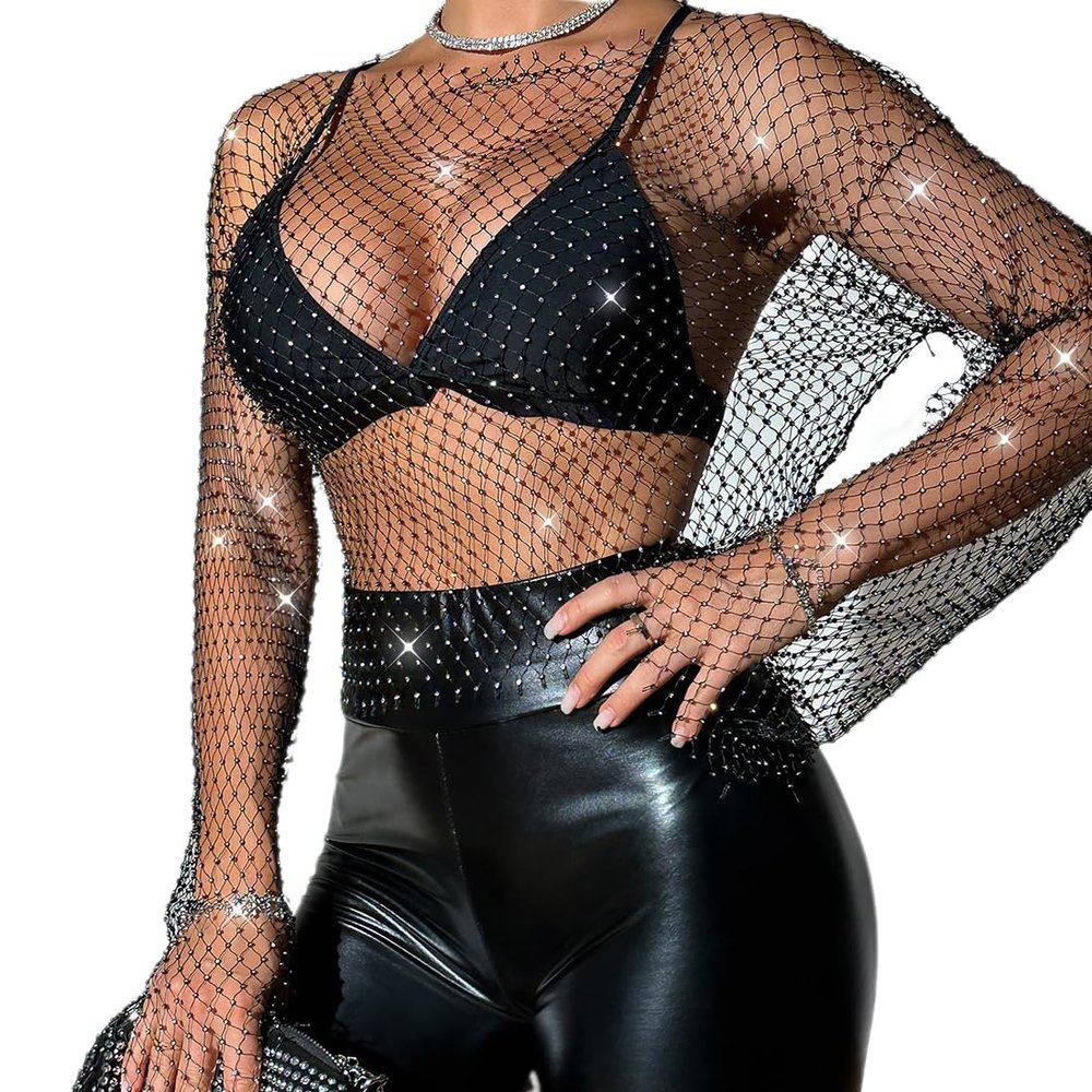 ABAFIP Women's Sparkly Rhinestone Crop Top Long Sleeve Mesh Bikini Cover up Summer Beach Holiday Fishnet Shirts Festival Rave Tops Black Medium