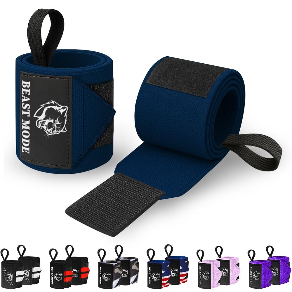 TECEUM Weightlifting Wrist Wraps with Thumb Loop Navy Blue Beast Mode 12 inch Heavy-Duty Workout Wrist Support & Protection Ideal for Powerlifting, Strength Training, Bodybuilding