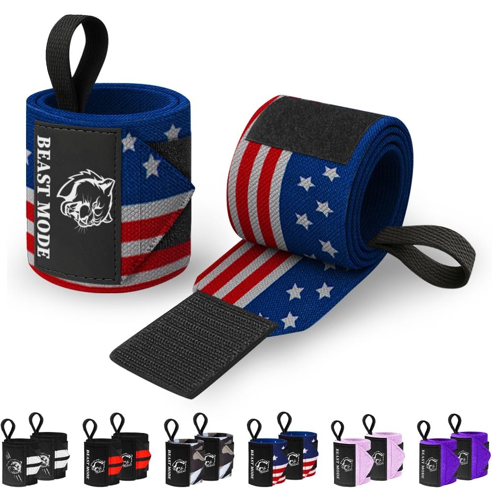 TECEUM Weightlifting Wrist Wraps with Thumb Loop US Flag Beast Mode 12 inch Heavy-Duty Workout Wrist Support & Protection Ideal for Powerlifting, Strength Training, Bodybuilding