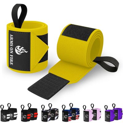 TECEUM Weightlifting Wrist Wraps with Thumb Loop Yellow Arms on Fire 18 inch Heavy-Duty Workout Wrist Support & Protection Ideal for Powerlifting, Strength Training, Bodybuilding