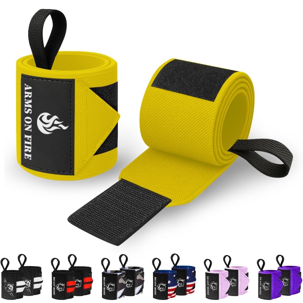 TECEUM Weightlifting Wrist Wraps with Thumb Loop Yellow Arms on Fire 18 inch Heavy-Duty Workout Wrist Support & Protection Ideal for Powerlifting, Strength Training, Bodybuilding