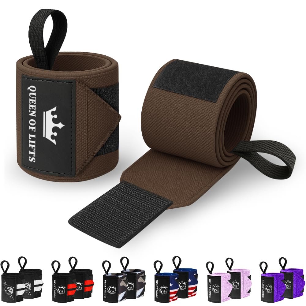 TECEUM Weightlifting Wrist Wraps with Thumb Loop  Brown  Queen of Lifts  12 inch  Heavy-Duty Workout Wrist Support & Protection  Ideal for Powerlifting, Strength Training, Bodybuilding