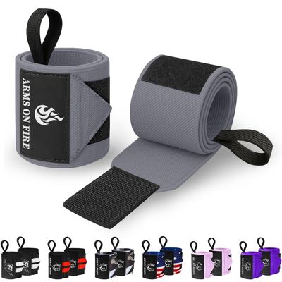 TECEUM Weightlifting Wrist Wraps with Thumb Loop  Gray  Arms on Fire  18 inch  Heavy-Duty Workout Wrist Support & Protection  Ideal for Powerlifting, Strength Training, Bodybuilding