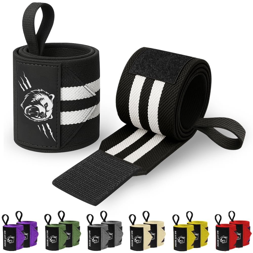 TECEUM Weightlifting Wrist Wraps with Thumb Loop Black and White Grizzly 18 inch Heavy-Duty Workout Wrist Support & Protection Ideal for Powerlifting, Strength Training, Bodybuilding
