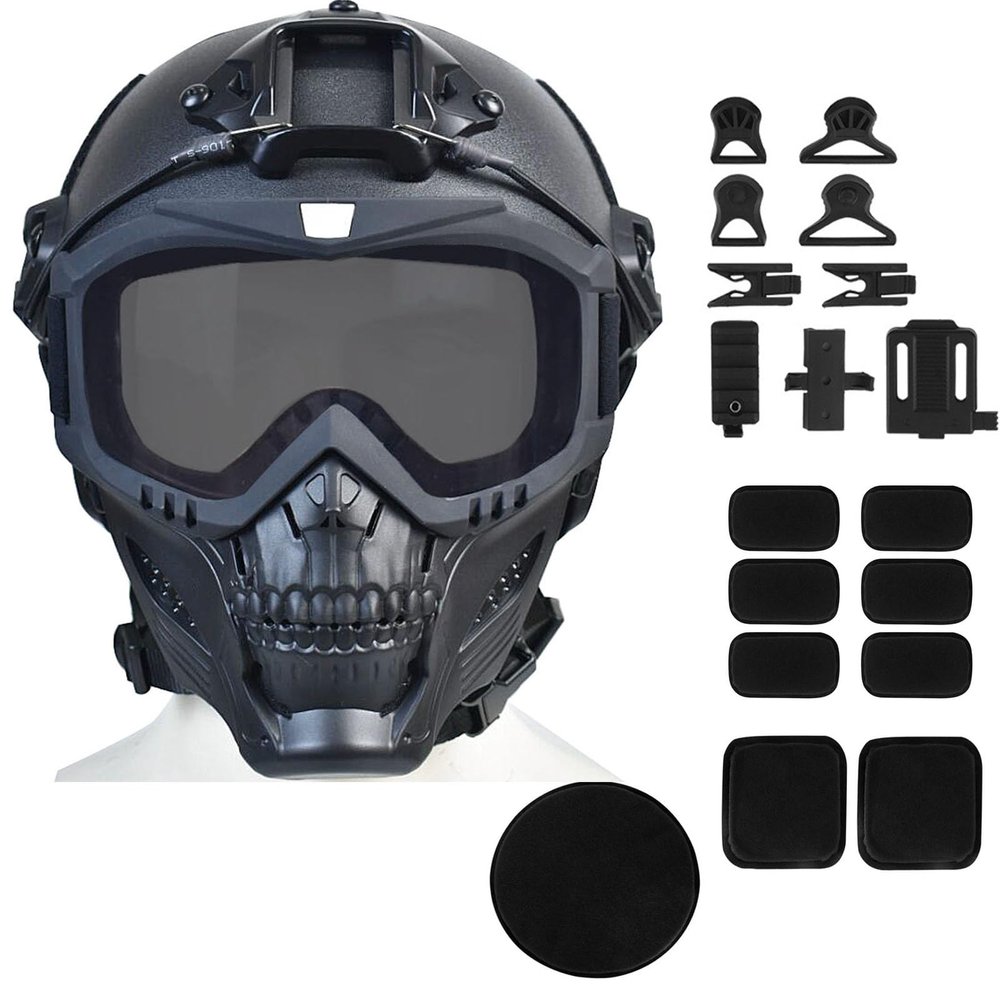 Airsoft Mask Full Face and Detachable Anti Fog Airsoft Goggles Eye Protection and Tactical Airsoft Fast Helmet Adjustable knob for Teenagers and Adults (Black Lens)