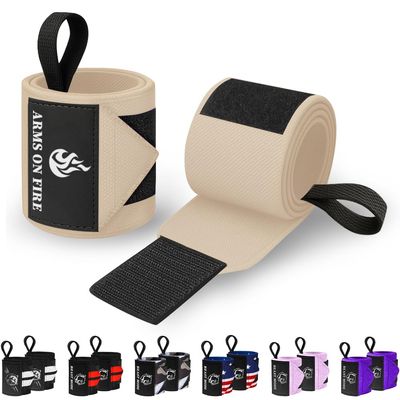 TECEUM Weightlifting Wrist Wraps with Thumb Loop  Beige  Arms on Fire  18 inch  Heavy-Duty Workout Wrist Support & Protection  Ideal for Powerlifting, Strength Training, Bodybuilding