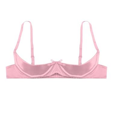 Manyakai Women's Lace 1/4 Cups Shelf Bra Push Up Underwired Satin Padded Balconette Naughty Bra Pink Small