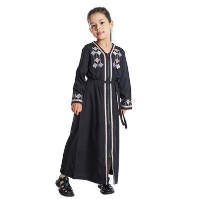 AFAVOM Muslim Dress for Girls Islamic Abaya Long Sleeve Maxi Dress Embroidery Split Hem Casual Robe Open Front Cardigan Outfit Eid Ramadan Kaftan Church Prayer Clothes Black 3-4 Years