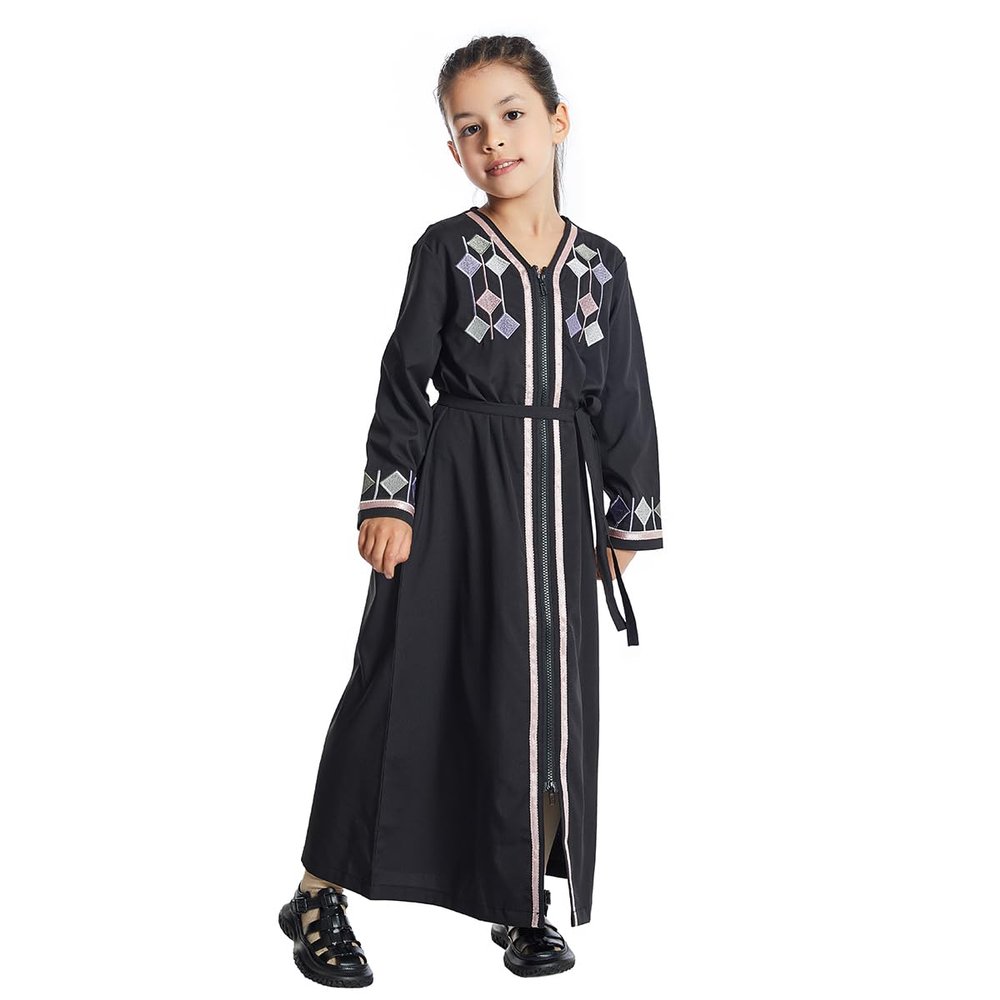 AFAVOM Muslim Dress for Girls Islamic Abaya Long Sleeve Maxi Dress Embroidery Split Hem Casual Robe Open Front Cardigan Outfit Eid Ramadan Kaftan Church Prayer Clothes Black 3-4 Years