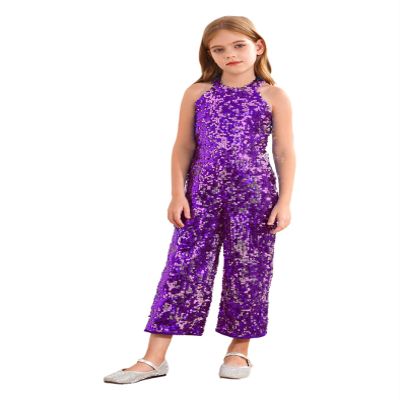 JEYPINMI Girls Sequins Jumpsuits Kids Sparkly Party Rompers Gown Halter Sleeveless Latin Jazz Dance Costume Purple 6 Years