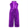 JEYPINMI Girls Sequins Jumpsuits Kids Sparkly Party Rompers Gown Halter Sleeveless Latin Jazz Dance Costume Purple 6 Years view 3