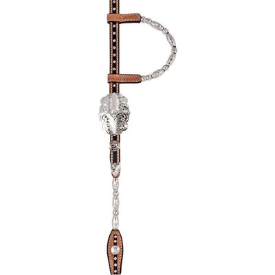 Billy Royal Crystal with Oval Scroll Two Ear Headstall | Color Light Oil Leather | Hand Engraved Silver Plate Ferrules | Large Oval Buckles | Black Leather Inlay with Crystals