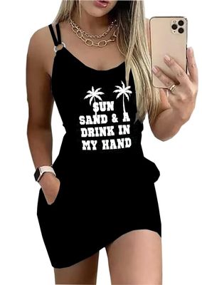 AIMITAG Women's Summer Beach Casual Mini Dress, Black, X-Large, Above the Knee, Sleeveless, Halter Neck, High Waist, Graphic Coconut Tree Print, Breathable, Lightweight, Pocket