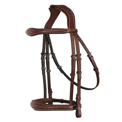Exion Hunter Anatomic English Bridle for Horses with Rubber Reins | Premium Vegetable-Tanned Leather | Fancy Stitch Raised Padded Bridle | Show, Jumping, Training | Black & Brown | Full, Cob, Over