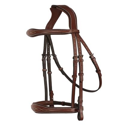 Exion Hunter Anatomic English Bridle for Horses with Rubber Reins | Premium Vegetable-Tanned Leather | Fancy Stitch Raised Padded Bridle | Show, Jumping, Training | Black & Brown | Full, Cob, Over