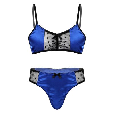 Miutii Sissy Men's Floral Lace Bra Bikini Panties 2 Piece Crossdressing Nightwear Pajamas Set Blue Large