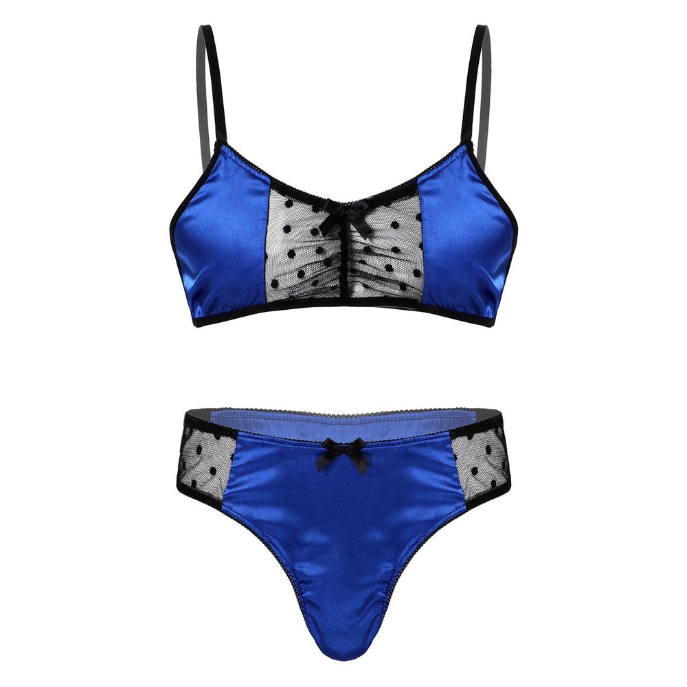 Miutii Sissy Men's Floral Lace Bra Bikini Panties 2 Piece Crossdressing Nightwear Pajamas Set Blue Large
