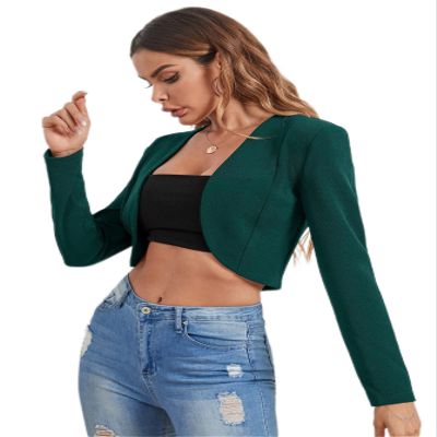 RASNEY Solid Crop Placket Blazer (Color : Dark Green, Size : Small)