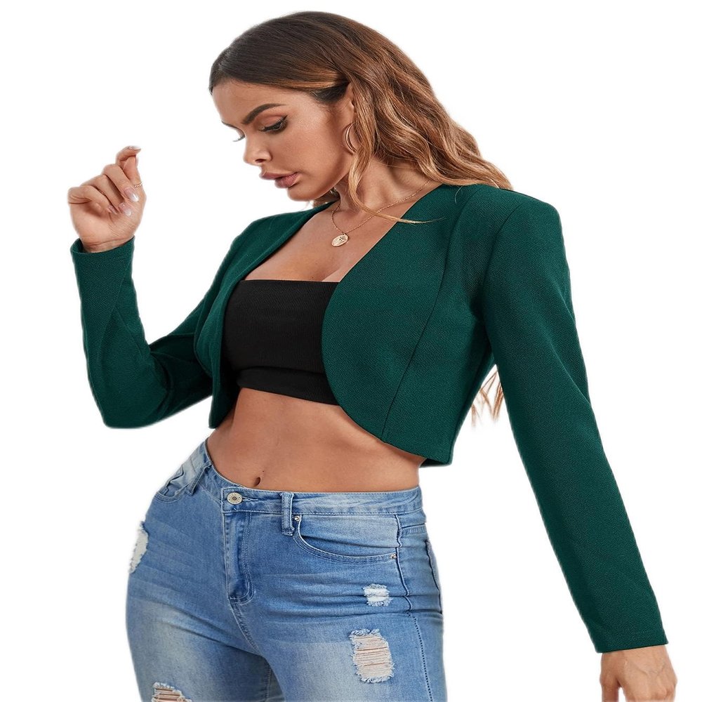 RASNEY Solid Crop Placket Blazer (Color : Dark Green, Size : Small)