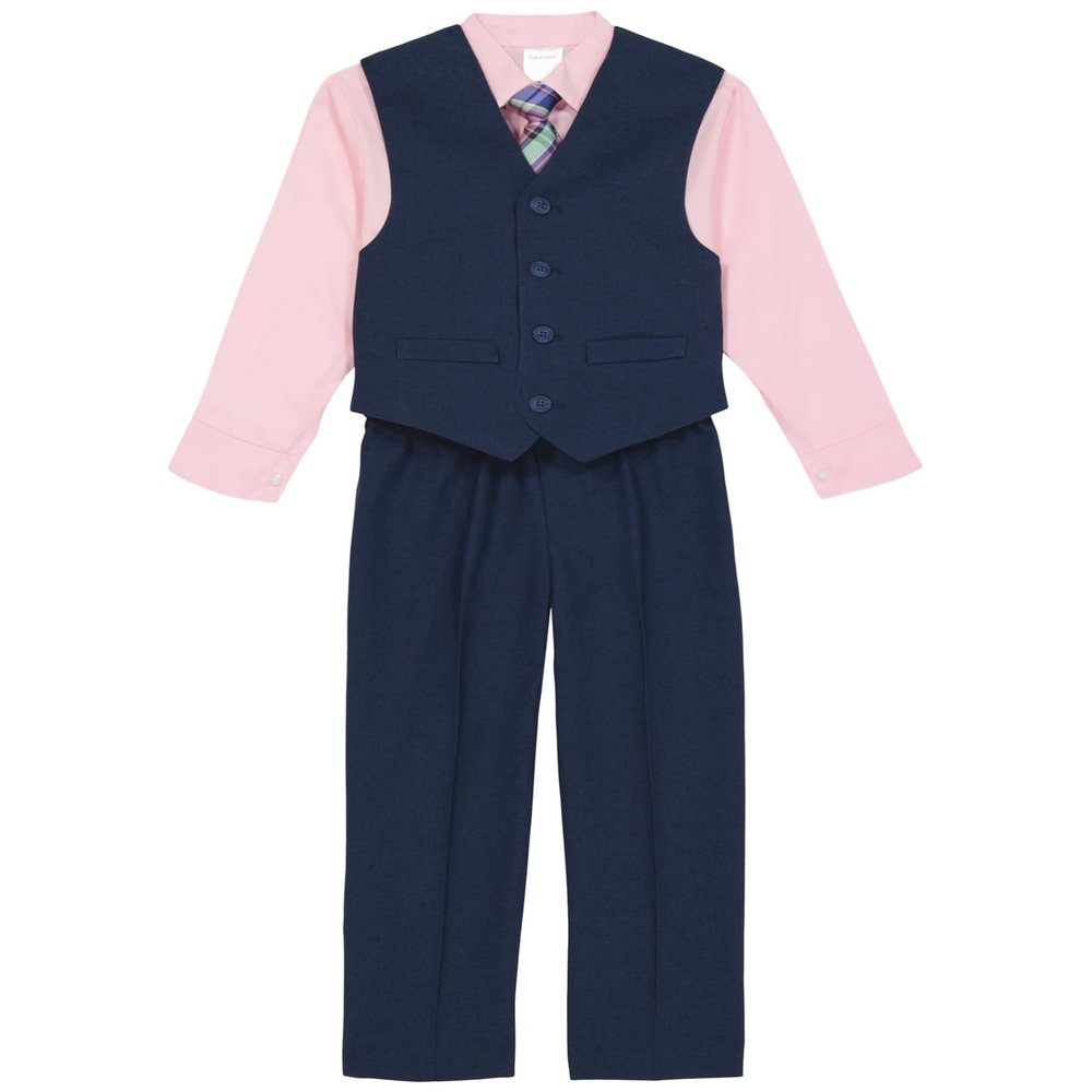Calvin Klein Boys' 4-Piece Formal Dress Up Suit Vest Set, Vest, Pants, Collared Dress Shirt, and Tie, Bank Blue, 2T