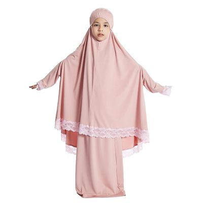 Abayas for Girls Abaya Dubai Turkey Kaftan Prayer Dress and Full Cover Lace Hijab Kids Muslim Long Sleeve Arabian Robe Ramadan Maxi Dresses Modest Islamic Casual Clothes Clothing Pink 6-7 Years