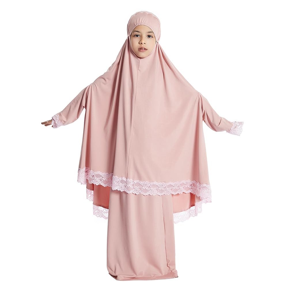 Abayas for Girls Abaya Dubai Turkey Kaftan Prayer Dress and Full Cover Lace Hijab Kids Muslim Long Sleeve Arabian Robe Ramadan Maxi Dresses Modest Islamic Casual Clothes Clothing Pink 6-7 Years
